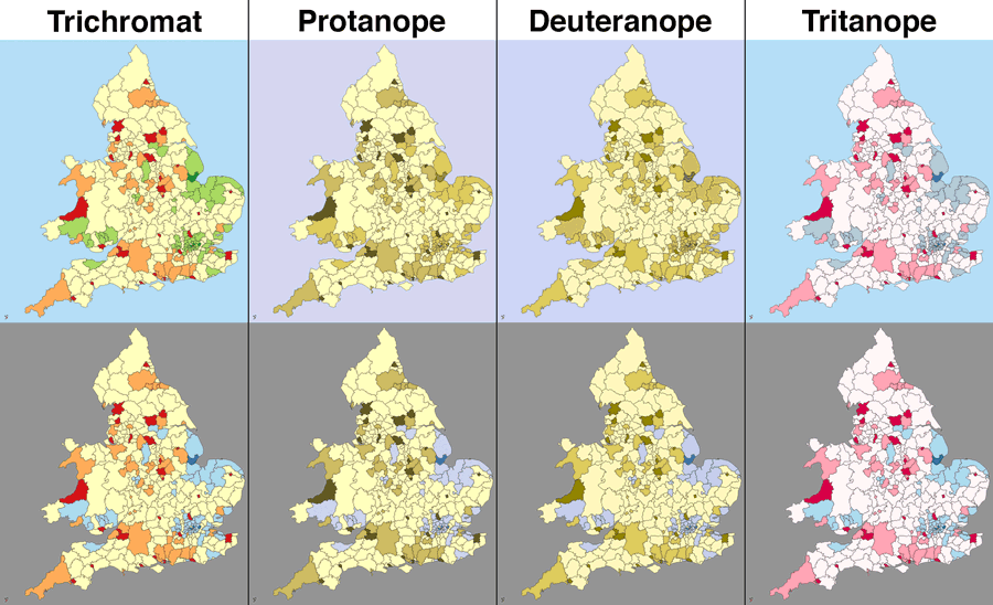 Examples of how the two map colour schemes look to those without (trichromat) and with colour vision deficiencies.